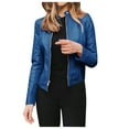 thumbnail image 2 of BOOMILK Women Leather Jacket Trendy Long Sleeve Open Front Short Motorcycle Suit Jacket Blue, 2 of 8