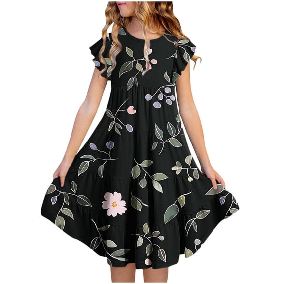 THDHVS Kids Dress,Pretty Floral Print Tiered Dress with Flutter Sleeves and Pockets for Girls Summer Occasion,Dresses for Girls Multicolor
