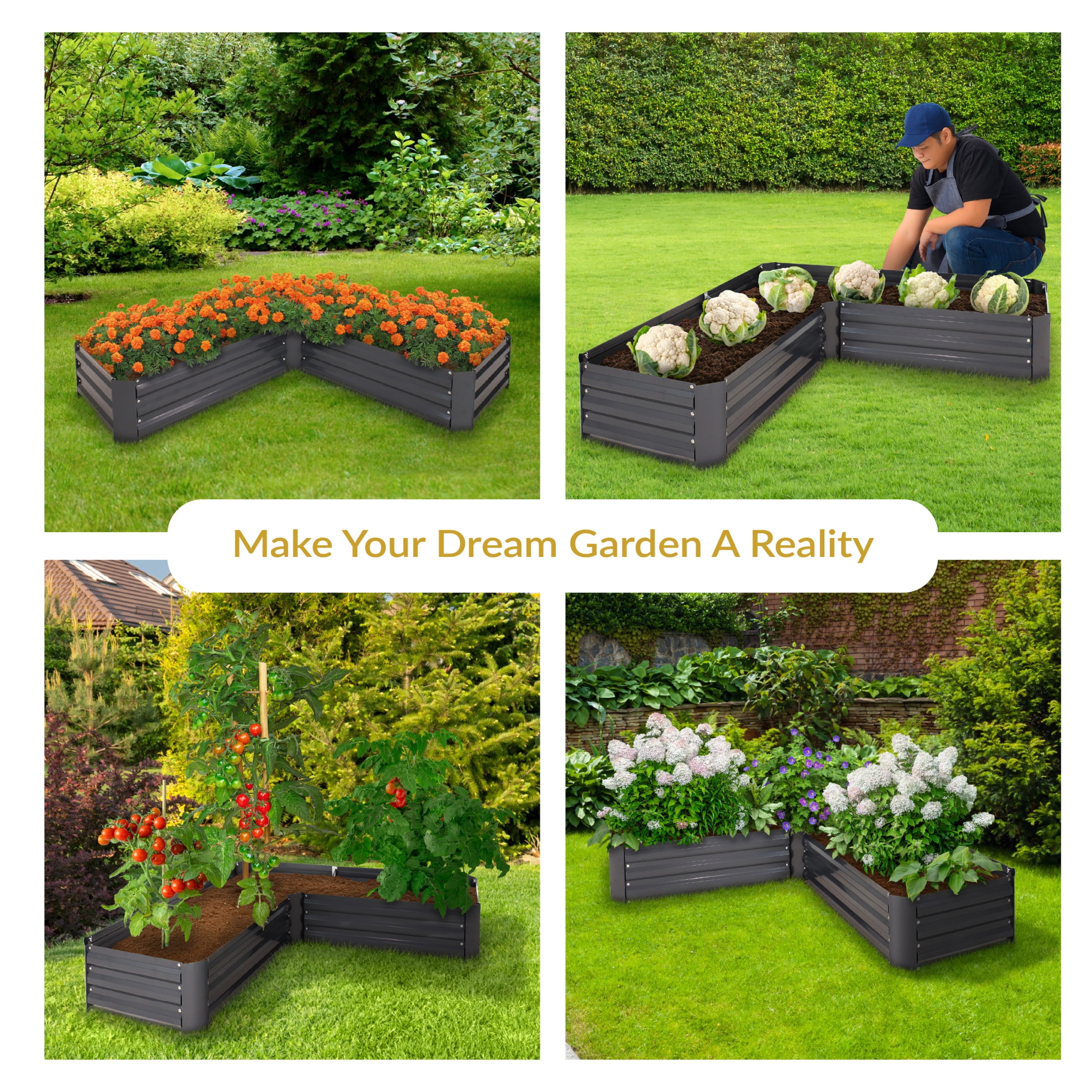 Sunnydaze 59.5" x 59.5" x 11.75" L-Shaped Dark Gray Galvanized Steel Raised Garden Bed