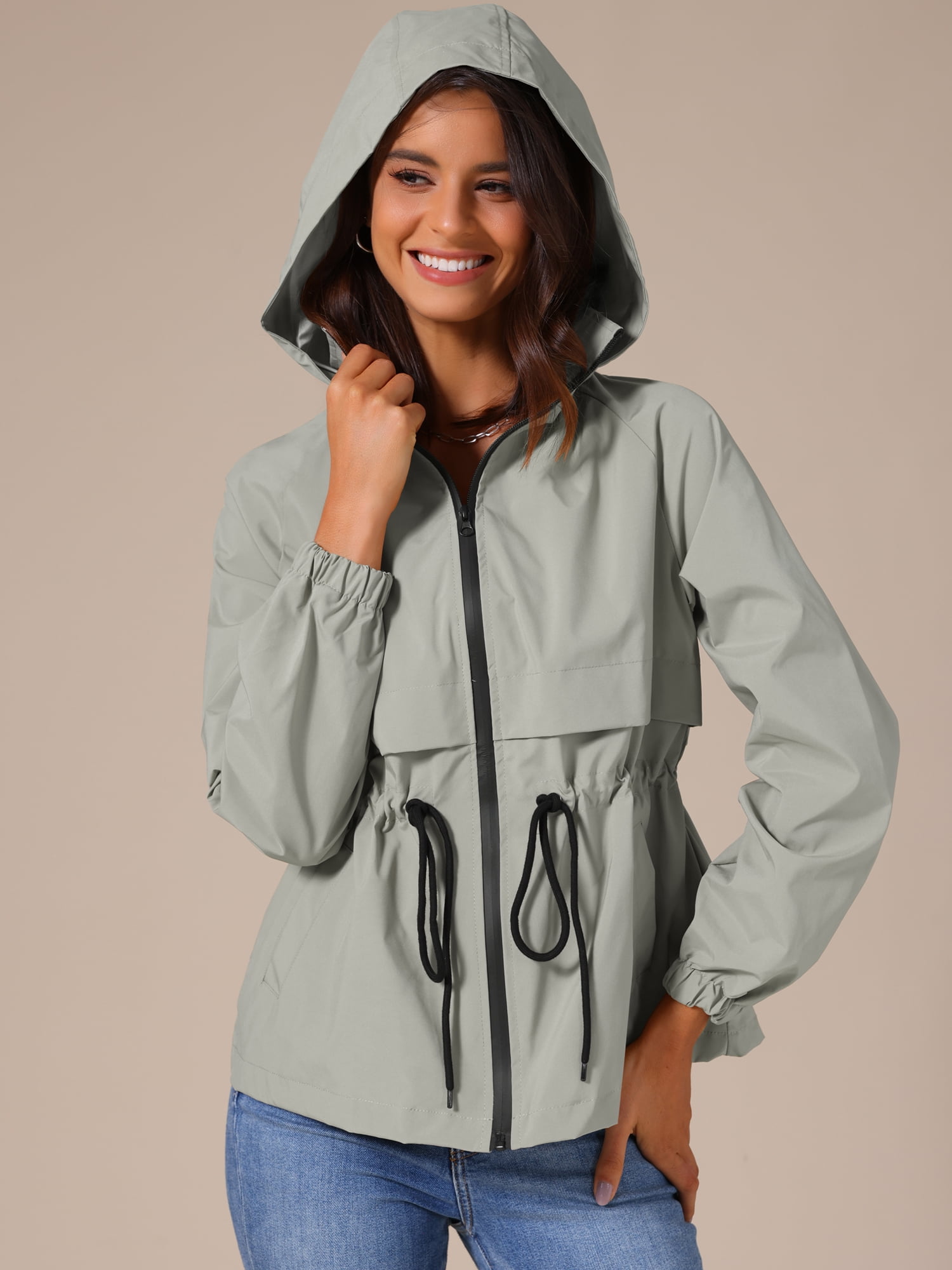 DARING DIVA Zipper Lightweight Hiking Hooded Windbreaker Raincoat 2XL Grey