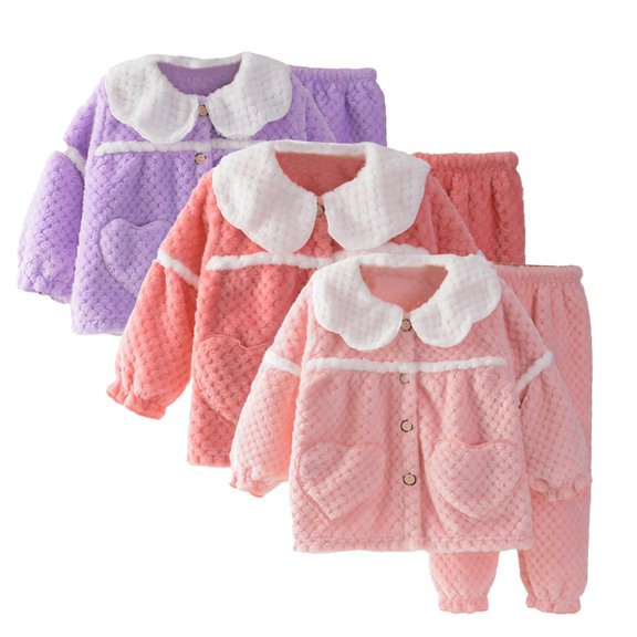 Godderr 2pcs Girls Fleece Pajamas Set for Toddler Baby,Kids Lapel Collar Thickening Fall Winter Sleepwear Toddler 2pcs Fleece Loungewear Outfits