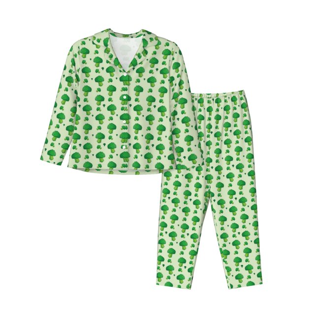 Balery Broccoli 1 Conjunto de Pijama con Estampado para Mujer, Conjunto de Dos Piezas con Manga Larga, Ropa de Dormir Suave con Bolsillos, Pijamas Cómodos-XX-Large