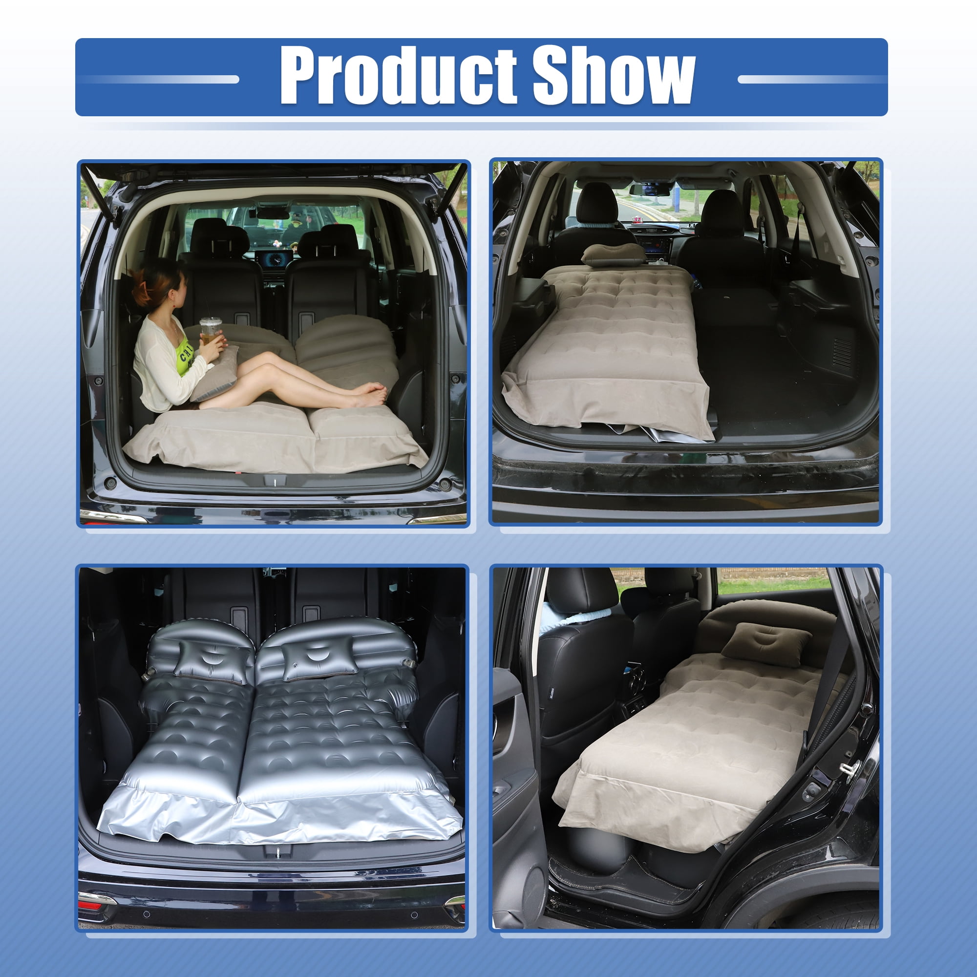 Unique Bargains 1 Set Universal Inflatable Thickened Car Air Mattress Camping Bed Cushion Pillow Flocking Gray