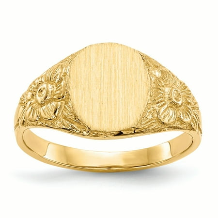 14K Yellow Gold 10 MM Flower Oval Engravable Signet Ring, Size 6