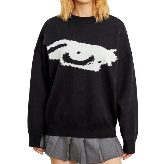 hirigin Women's Spring Autumn Knitted Sweater Black Long Sleeve Pattern Print Loose Knitwear