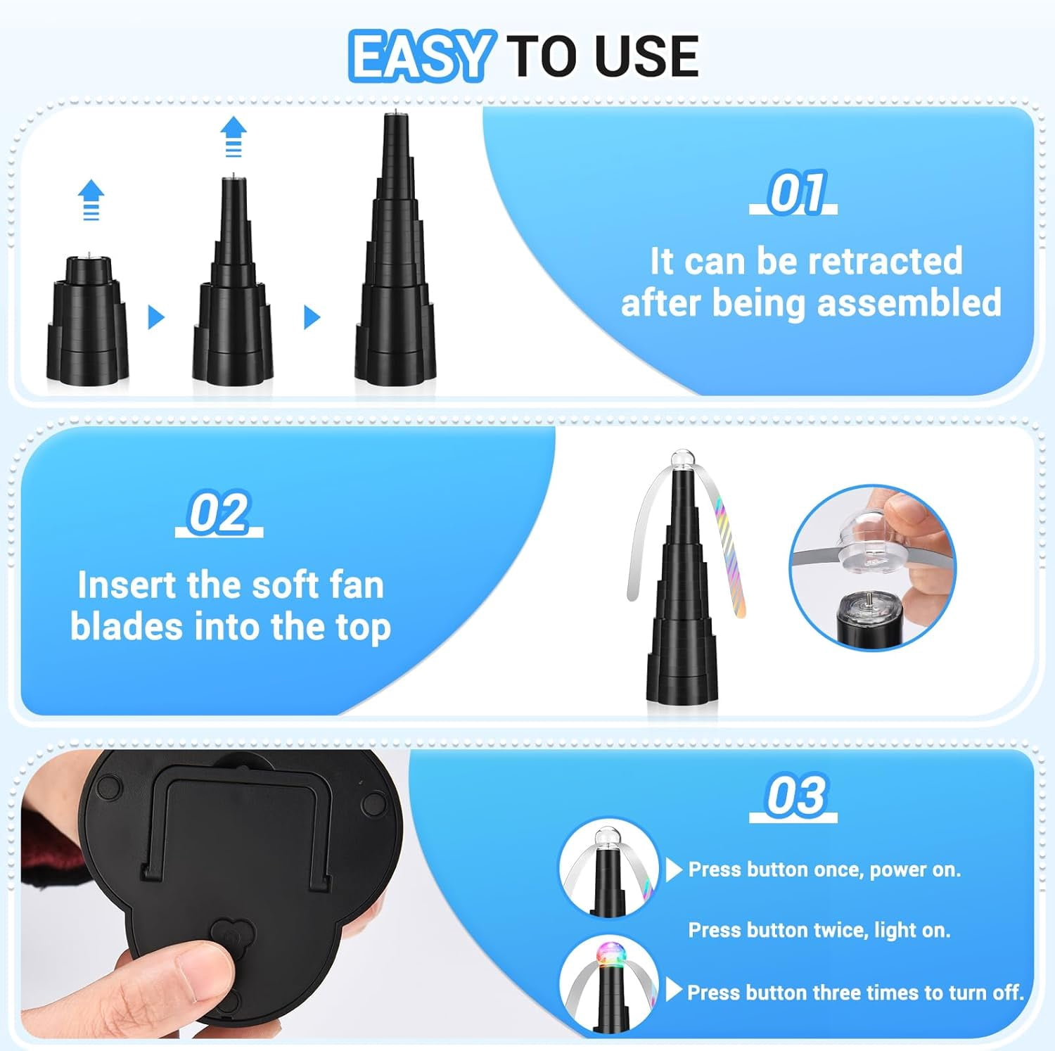 6-PACK Fly Fans for Tables, Rechargeable Fly Fan Table Top Fan with LED Light, Fly Spinner with Soft Holographic Blades for Picnic, Restaurant, Party, Home, and BBQ
