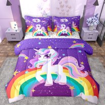 Manfei Cute Cartoon Unicorn 7pcs Bedding Comforter Set,Colorful Rainbow Stripe Queen Bedding Sets,Gold Stars Print Queen Sheet Sets For Girls,Luxury Bedroom Decor Reversible