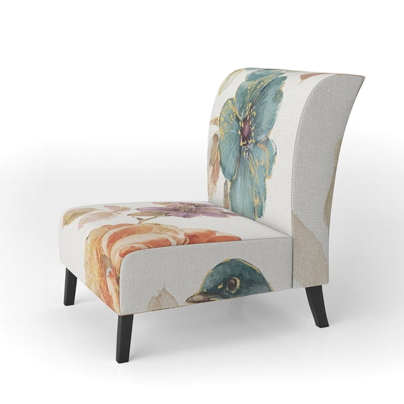 Designart "Cottage Bird On Orange Flower Twig" Upholstered Traditional Accent Chair - Arm Chair
