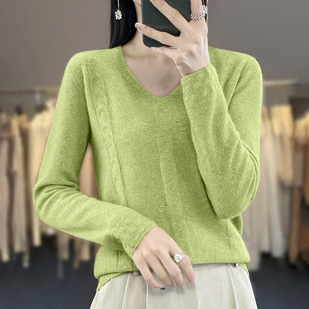 Suéter de cuello en V para mujer, color liso, manga larga, cuello en V, suéter de punto con flores torcidas, blusa para mujer