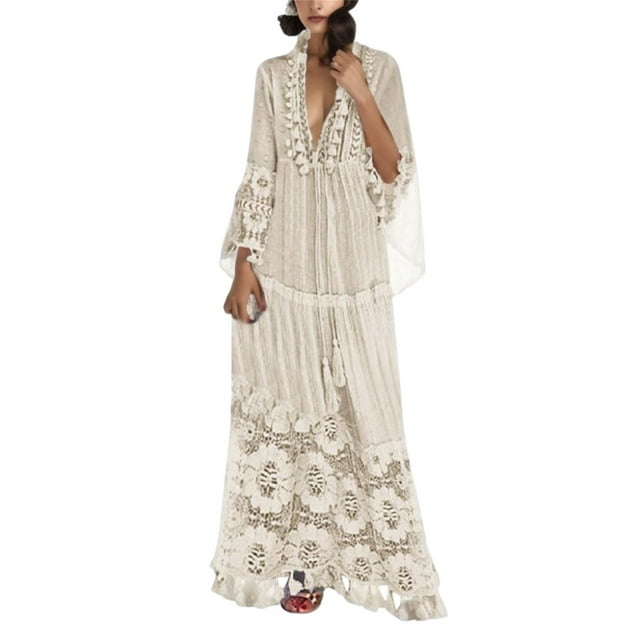 TJAZFJPA Robes de Cocktail pour Femmes Col en V à Franges Grande Taille Décontractée Bohème Couleur Dentelle Unie Robe Mode Longue Robe pour Femme Robe Formelle pour Femmes Robes Perlées pour Femmes
