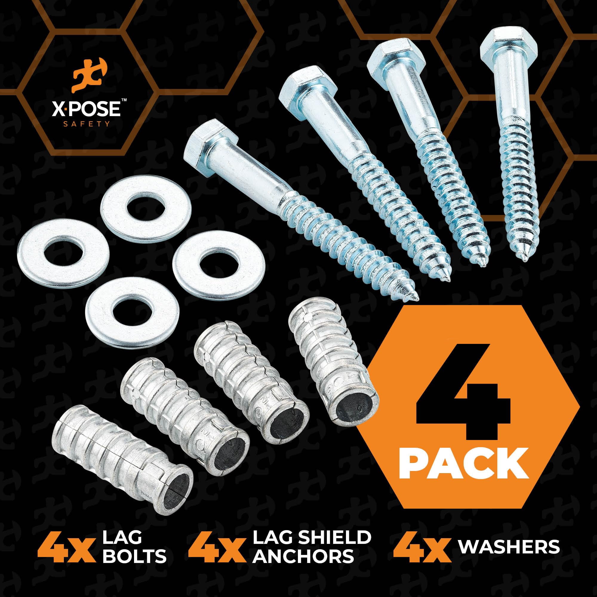 Concrete Anchors Set with 6" Lag Bolt, Lag Shield and Washer - 100 Sets per Pack - 1/2" Bolt Lag Screws 6-Inch for Parking Curb Stop - Galvanized Steel Lag Bolts