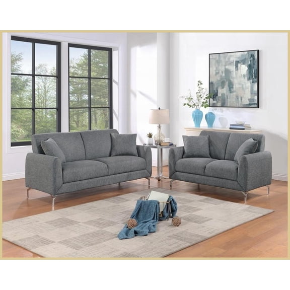 Modern Dark Gray Burlap-Like Fabric 2-Piece Sofa Loveseat Set with Pillows for Living Room