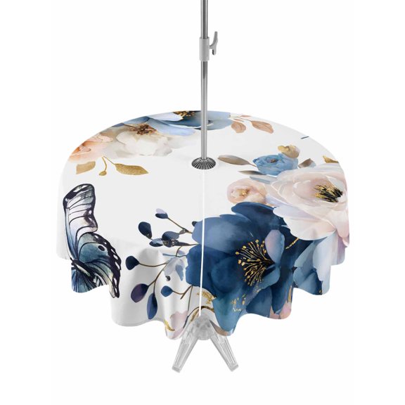 Outdoor Tablecloth with Umbrella Hole for Patio/Picnic/Party/Camping, Vintage Blue Floral Waterproof Table Cloth Round Cover Washable, Farmhouse Watercolor Flower Butterflies (Dia 60")