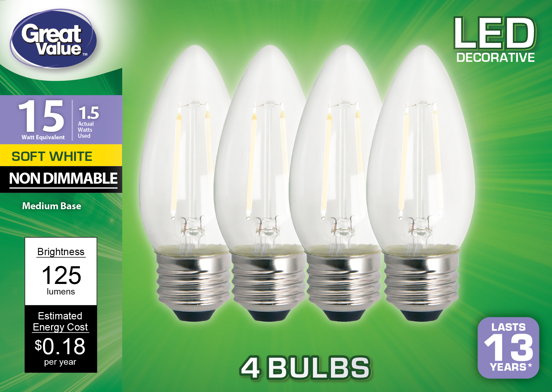 Great Value LED Light Bulb, 1.5W (15W Equivalent) B10 Decorative Lamp