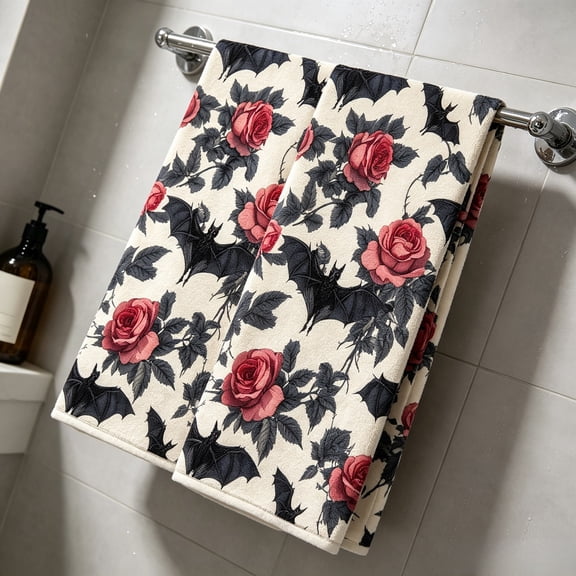 Halloween Gothic Hand Towels 2 Pack with Bat and Floral Rose Pattern, Soft Microfiber Polyester Towel for Bathroom Kitchen Spa and Travel Use.