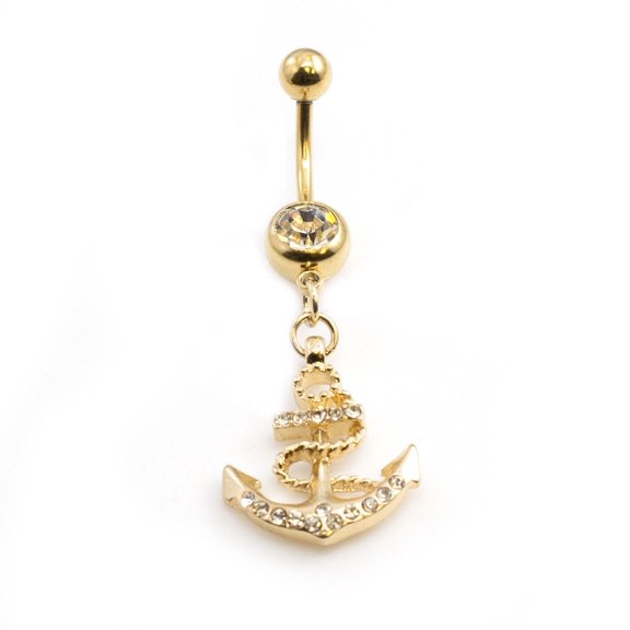 Belly Button Ring with Anchor Design and Multiple Cubic Zirconia Stones 14g
