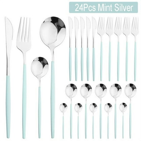 

dosili 24Pcs Tableware Set Stainless Steel Dinnerware Knife Fork Spoon Dinner Flatware Kitchen Gift Western Black Gold Cutlery Set