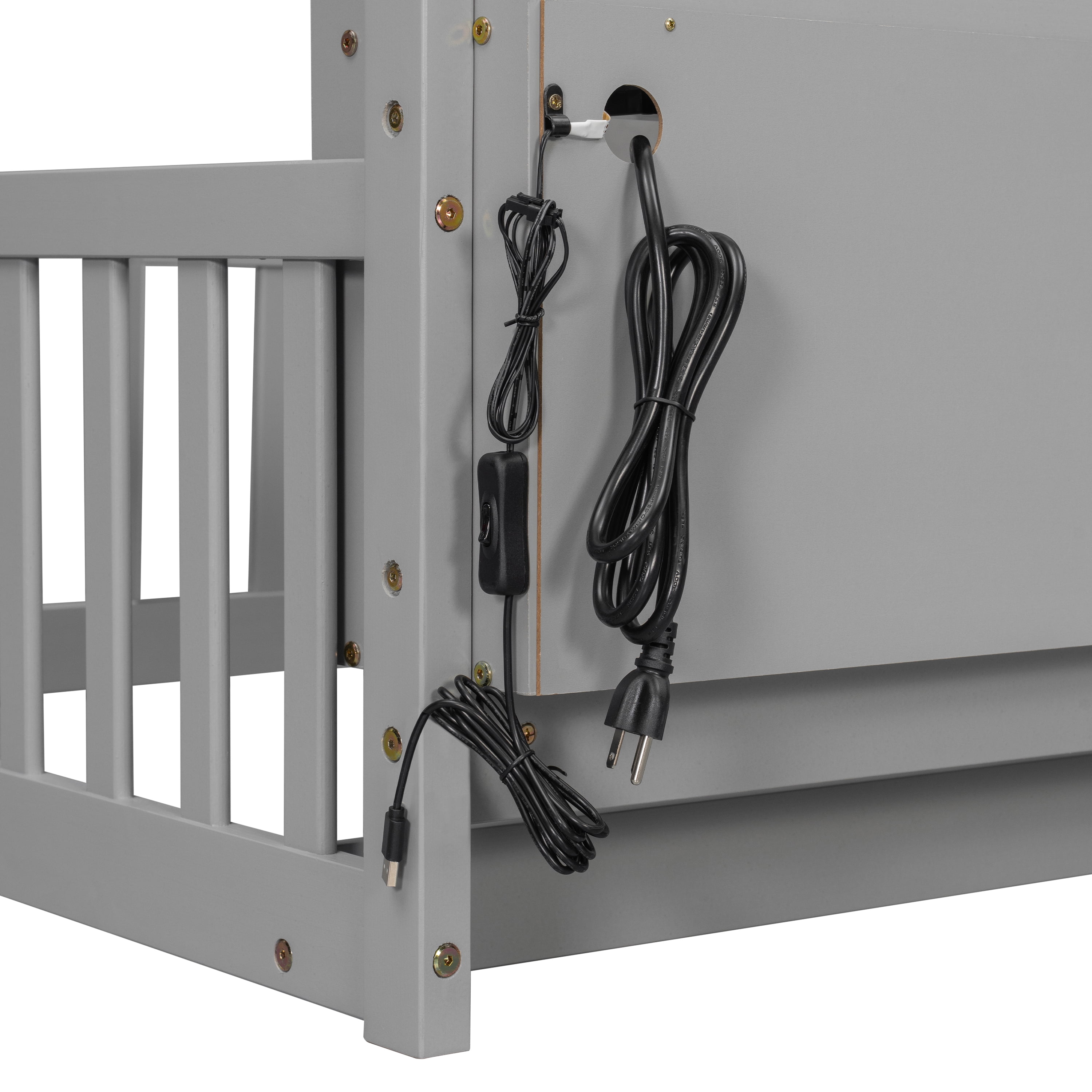 Floor Bed with House Design and Storage Shelves, Full Pine Wood Platform Bed and Charging Station Bed Frame with LED Lights and Guardrails, Gray