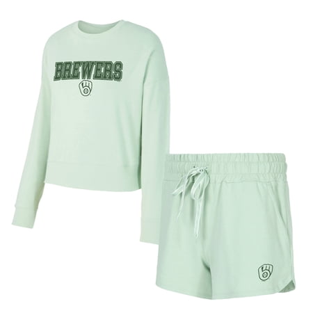 Women s-Concepts Sport Light Green Milwaukee Brewers Elevation Tri-Blend Long Sleeve Top & Shorts Set
