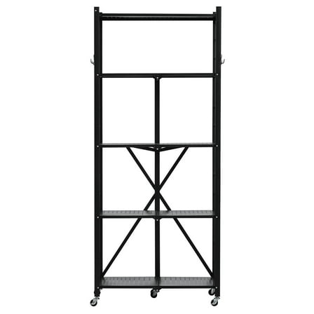 KFFKFF 5-Tier Foldable Storage Shelf, 28W x 13D x 66H Inch Metal Rack Shelving Unit, Durable Organizer Shelf with Wheels & Hooks for Pantry, Kitchen, Garage, Basement, Black