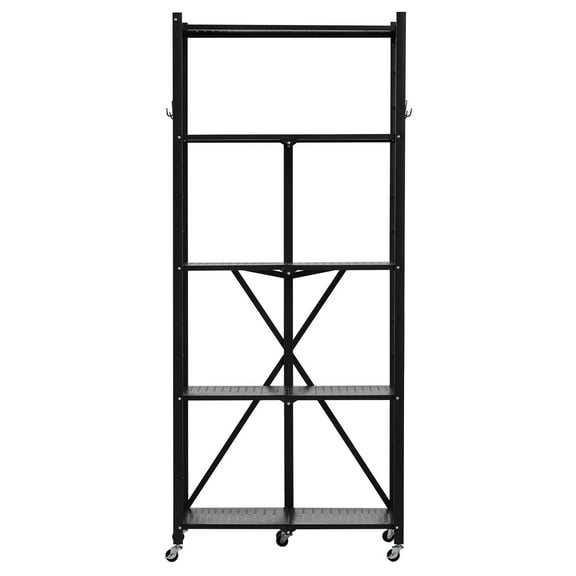 KFFKFF 5-Tier Foldable Storage Shelf, 28W x 13D x 66H Inch Metal Rack Shelving Unit, Durable Organizer Shelf with Wheels & Hooks for Pantry, Kitchen, Garage, Basement, Black