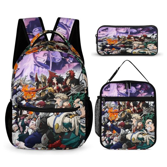 My Hero Backpack Academia Mha 17 Inch 3 Piece Set with Insulated Lunch Bag and Pencil Case, Bookbag Laptop Backpack Cartoon Durable Lightweight Casual Backpack