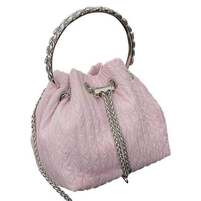 Women Bucket Bags Chains Rhinestone Drawstring Ladies Handbags Purse (Pink)