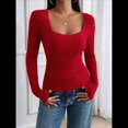 thumbnail image 4 of Camisas de Larga para Mujer, Cuello Cuadrado, Tops Cortos de Punto Acanalado, Conjuntos de Otoño, Ropa de Moda Rojo L, 4 of 10