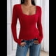 thumbnail image 4 of Camisas de Larga para Mujer, Cuello Cuadrado, Tops Cortos de Punto Acanalado, Conjuntos de Otoño, Ropa de Moda Rojo M, 4 of 10