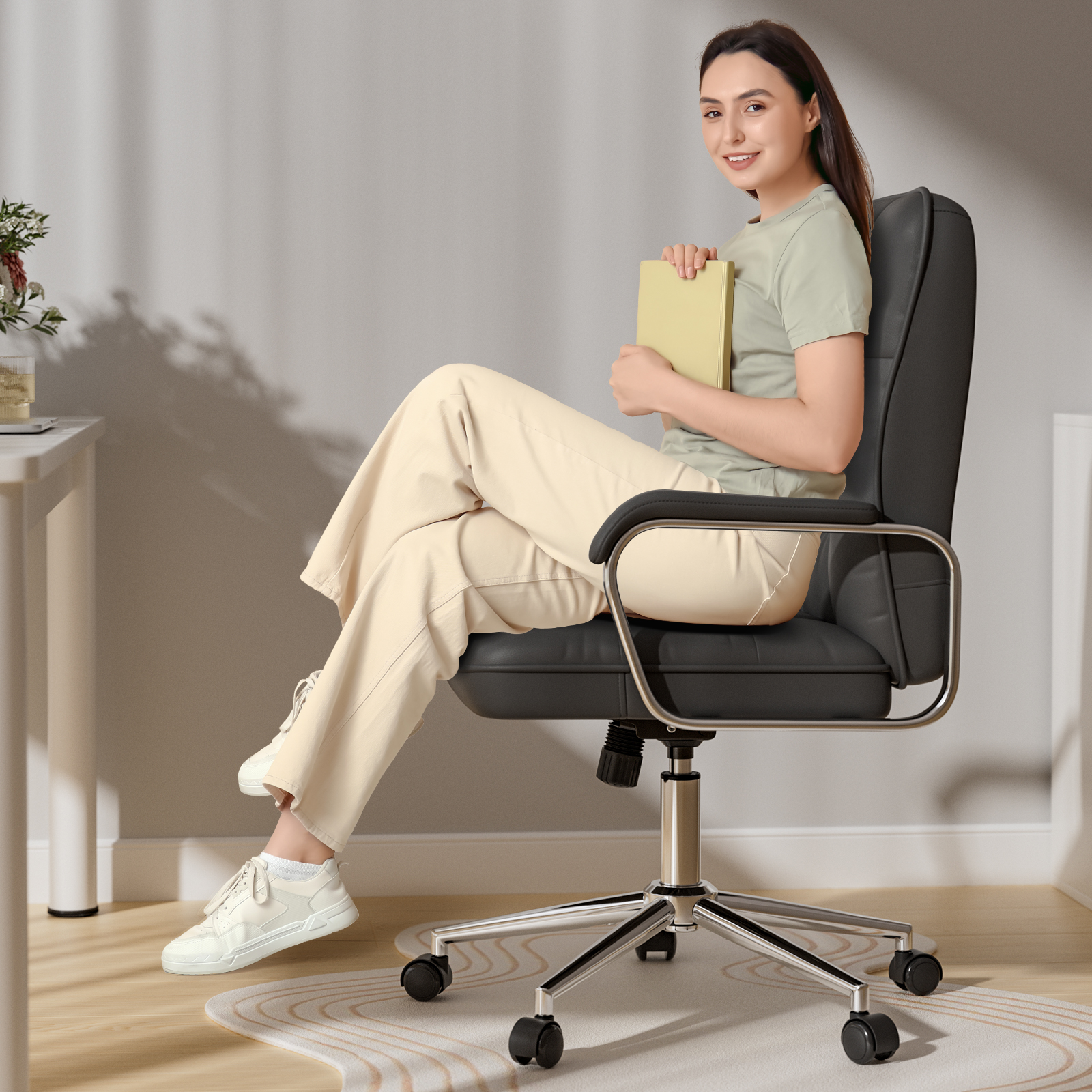 Genpo Black Office Chair, Leather Swivel Leather Computer Desk Chair with Wheels and Padded Arms, Executive Office Chair for Adults