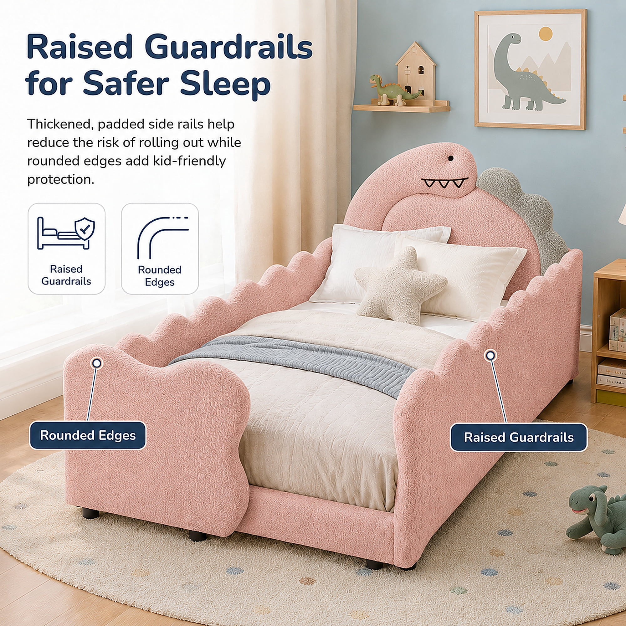 Miniyam Kids Twin Bed Frame, Boucle Upholstered Dinosaur Bed with Guardrails, Wood Slats, Pink