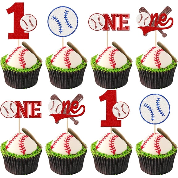 Baseball 1st Birthday Cupcake Toppers, 12 Pack Red & Blue Glitter Baseball Themed Cupcake Picks, Rookie of the Year Cake Decorations for Baby First Birthday Party Supplies