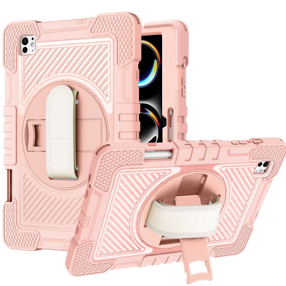 For Apple iPad (A16) 2025 /iPad 10th Gen 10.9 Hybrid 3in1 Multi-Functional Shockproof Tablet Case with Hand, Shoulder Strap, Pencil & Stand Holder Case Cover [Rose Gold]