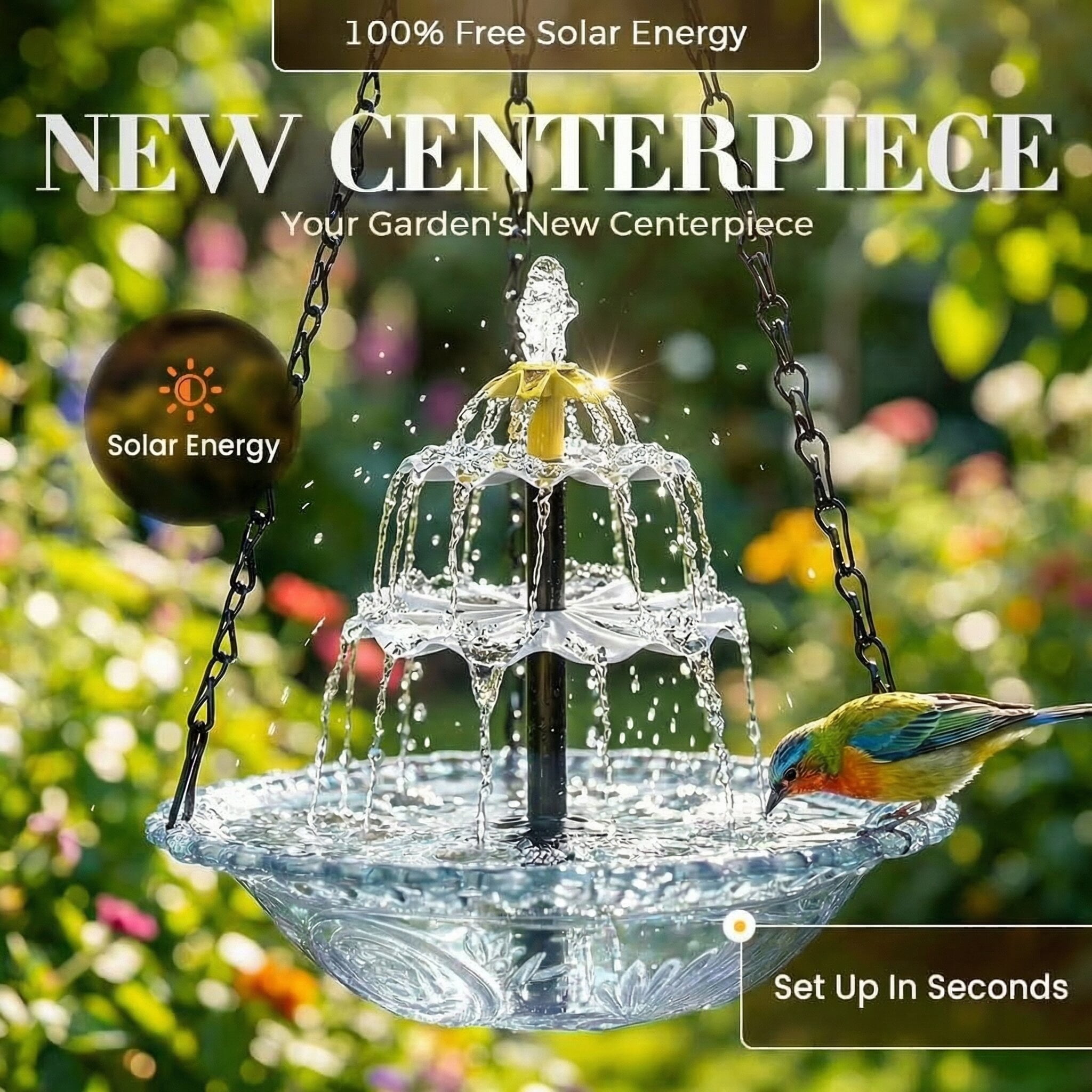 ValueAgain Solar Cascade Hanging Bird Bath Fountain, Outdoor Hanging Bird Bath with Solar Fountain, Large Humming Bird Baths are Suitable, with Solars Pump & Bowl,for Outdoor, Gardens, White