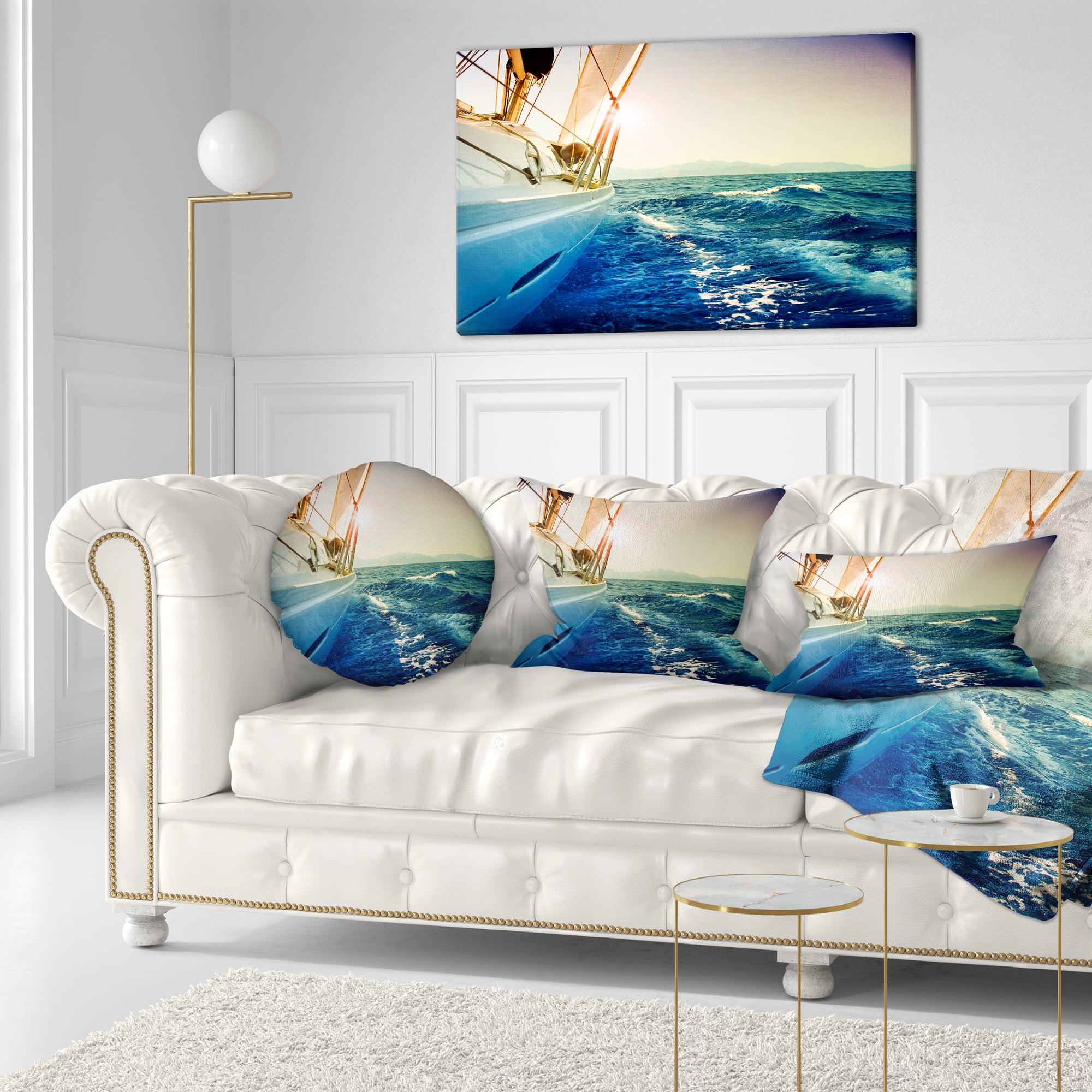 Designart Yacht Sailing in Wavy Waters - Seashore Throw Pillow - 12x20