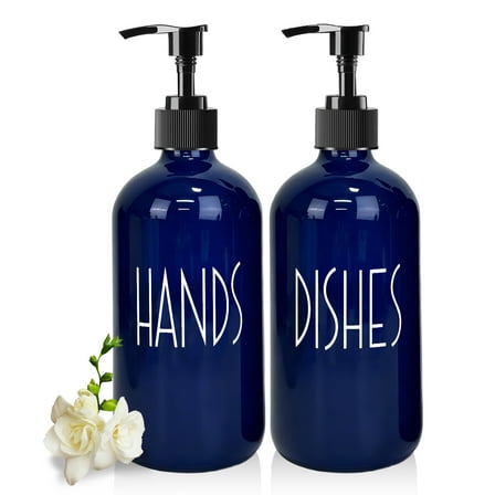 16OZ Navy Blue Glass Lotion Dispenser Bottles 2-Pack with Black Pump - Refillable Liquid Soap Containers for Kitchen, Bathroom, Hand Soap, Dish Soap & Lotion