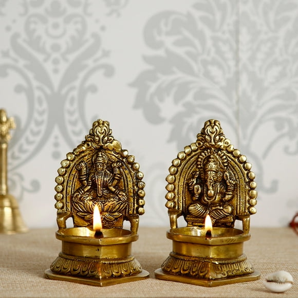 Handcrafted Laxmi Ganesha Statue Brass Diyas, Brown & Gold
