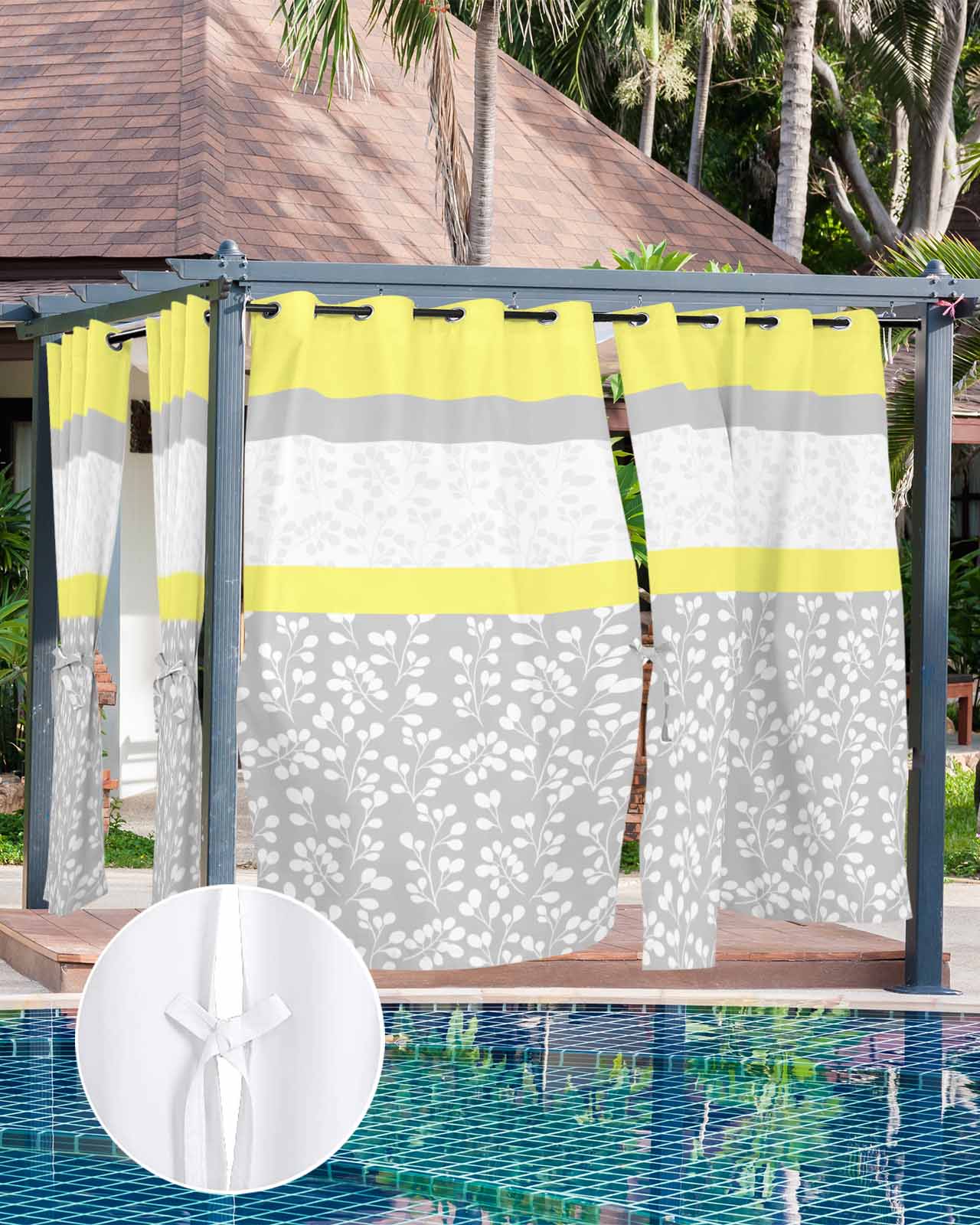 Yellow Grey Outdoor Curtains for Patio, Chic Garden Floral Stripe Embroidery Design Privacy Drapes Grommet Waterproof Outside Curtains for Porch/Cabana/Balcony 54"x 108", 1 Panel