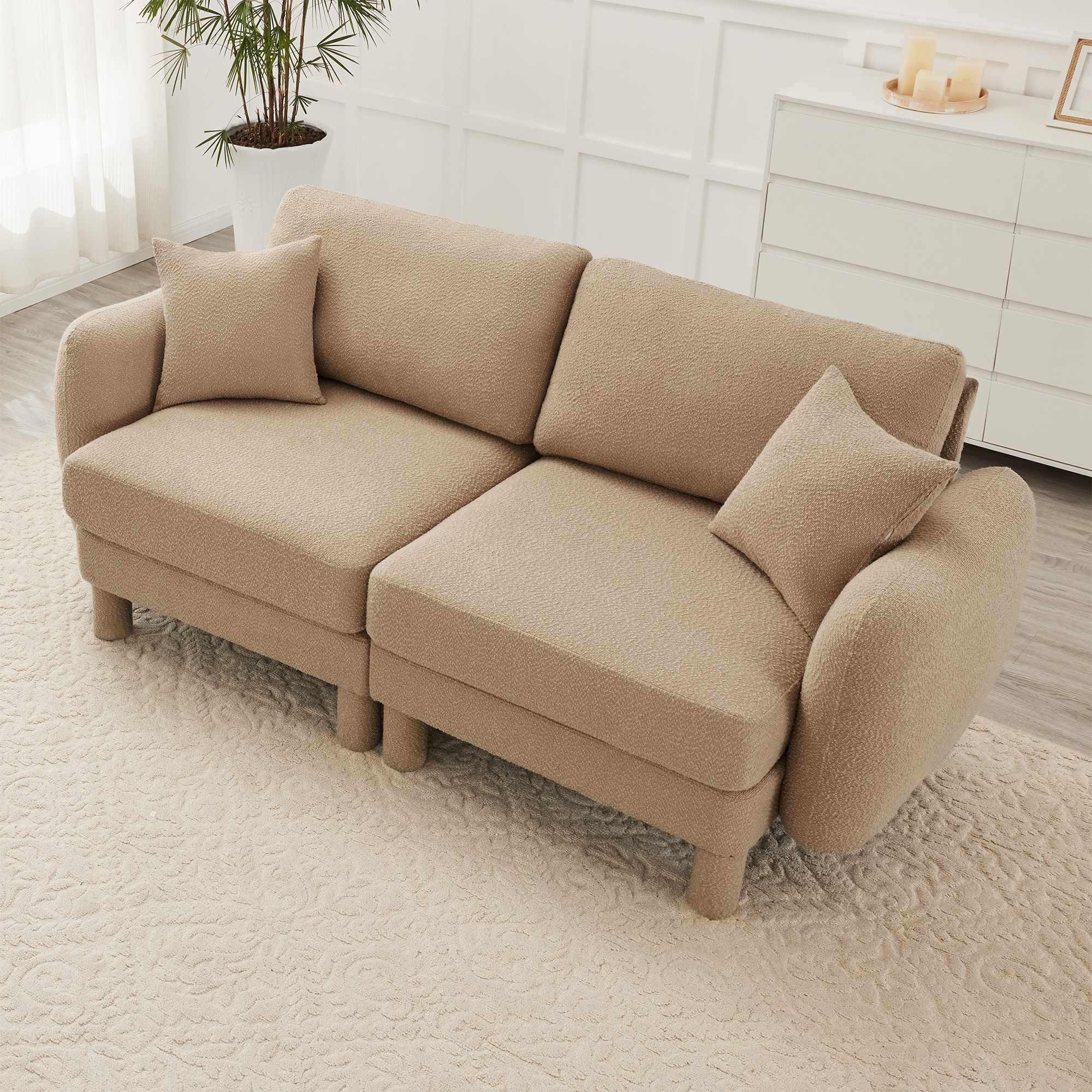 Gewnee Coffee 2-Seater Boucle Loveseat with Shell Armrests & Fabric-Wrapped Cylindrical Legs - Ideal for Bedroom Reading Nook, Home Office Lounge