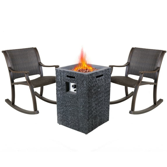 19" Outdoor Gas Fire Pit Table Set with 2 Rattan Rocker Chairs, Vertical Texture Surface Patio Fireplace 40000 BTU Square Propane Fire Pit Table with ETL Certification, Lava Rocks and PVC Rain Cover