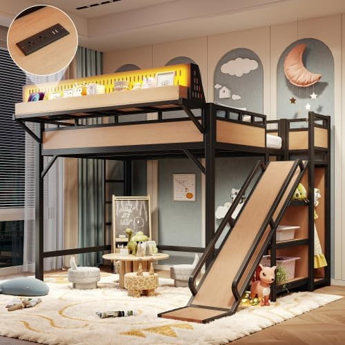 Full Size Metal Loft Bed Frame with Slide, Storage Shelves & Built-in Wardrobe, Natural