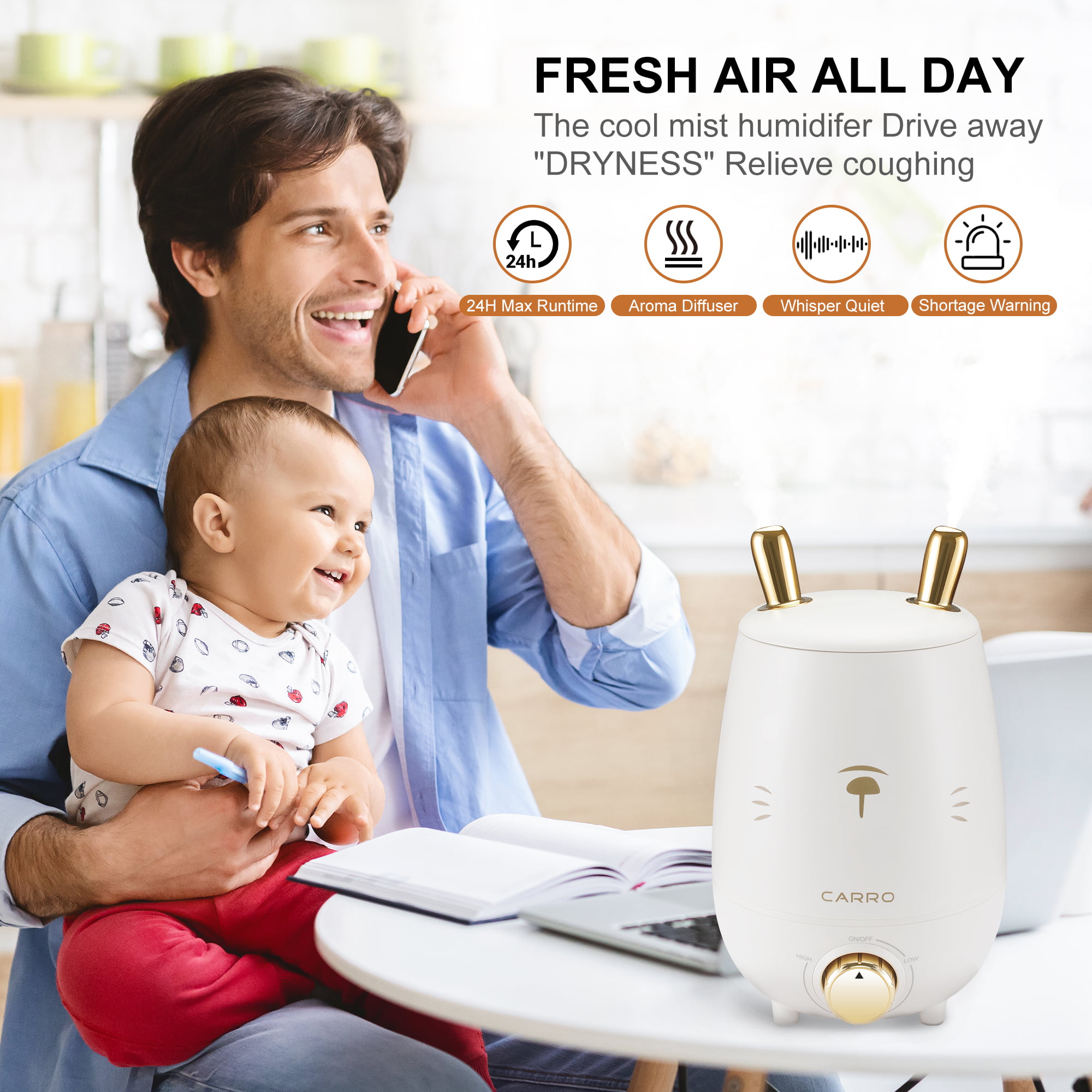 3 Mist Modes USB Rechargeable Mini Quiet Air Humidifiers with 20 Working Hours for Baby Home Bedroom Office 3L Cool Mist Humidifier White 2 Nozzles Automatic Shut Off and Night Light Function 