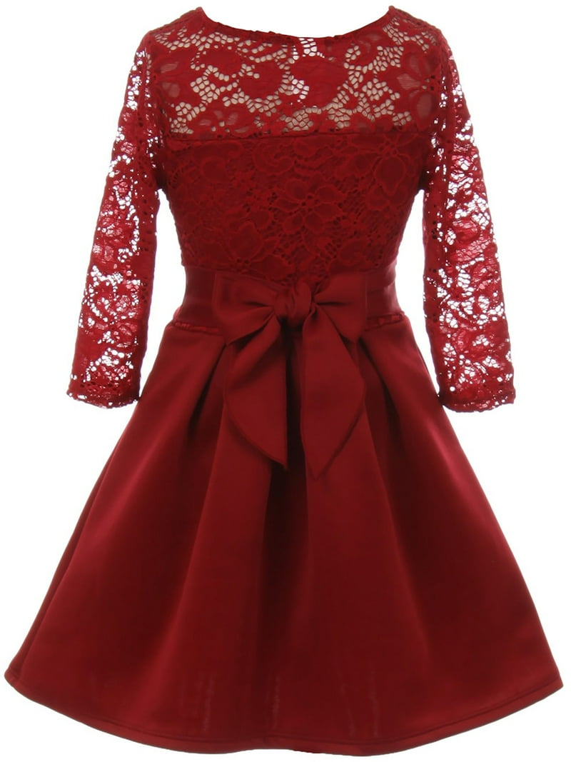 Big Girls' Floral Lace Long Sleeve Illusion Neckline Special Occasion Flower  Girl Dress Burgundy 14 (J21KS04) - Walmart.com