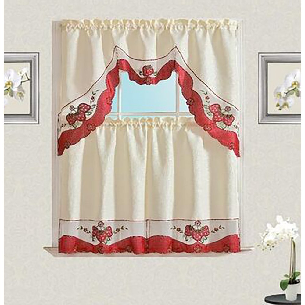 Royal Strawberry Embroidery Kitchen Curtain with Swag and Tier Set 36
