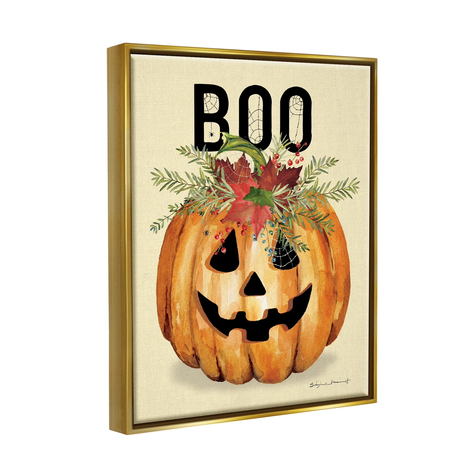 Stupell Industries Boo Seasonal Halloween Flowers Holiday Painting Gold Floater Framed Art Print Wall Art