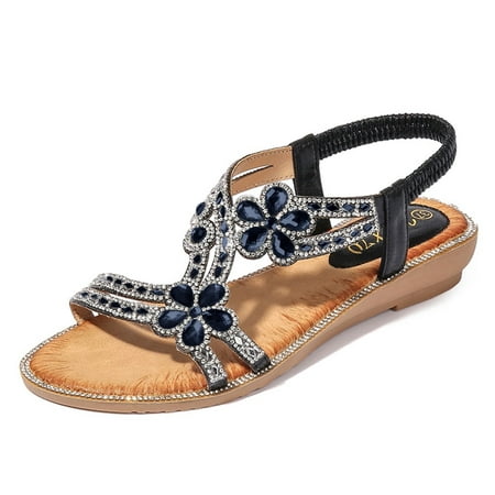 

Hueook Strappy Open Toe Sandals Rhinestone Sandals Flats Shoes Bohemia Sparkly Sandals For Women