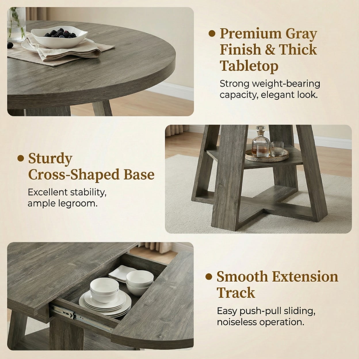 43.3"-59" Extendable Round Dining Table for 4-8, Modern Farmhouse Oval Kitchen Table with Storage Shelf, Wood Pedestal Base, Space Saving Dining Room Table, Gray