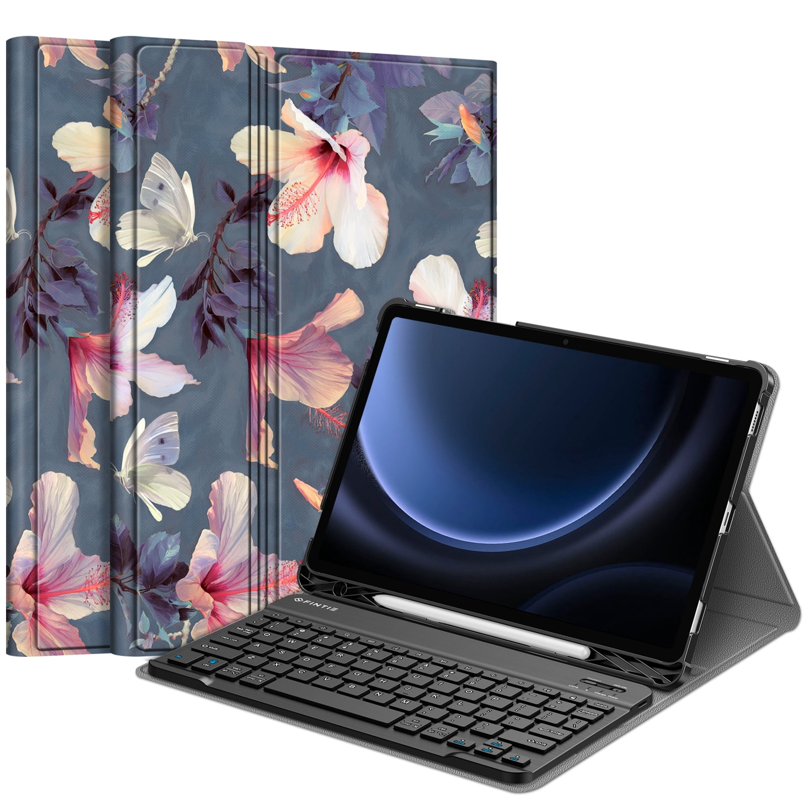 Fintie Keyboard Case for Samsung Galaxy Tab S10 Lite/ S10 FE/ S9 FE 5G 10.9 Inch/Tab S9 11 Inch with S Pen Holder, Slim Stand Cover Detachable Wireless Bluetooth Keyboard, Blooming Hibiscus