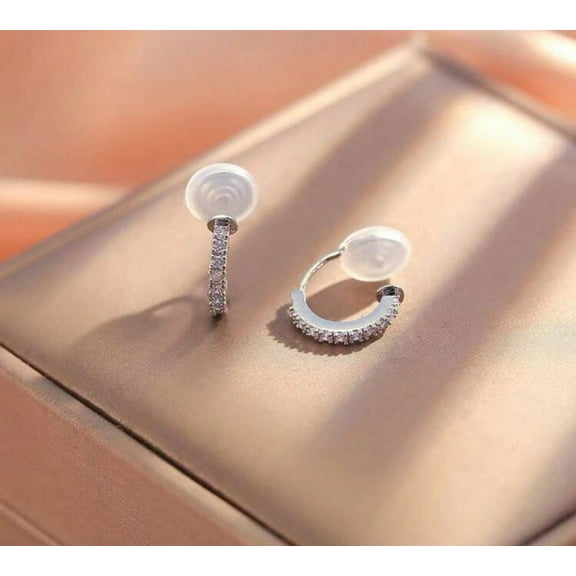 Comfort fit clip on 1/2" small silver and clear stone hoop earrings