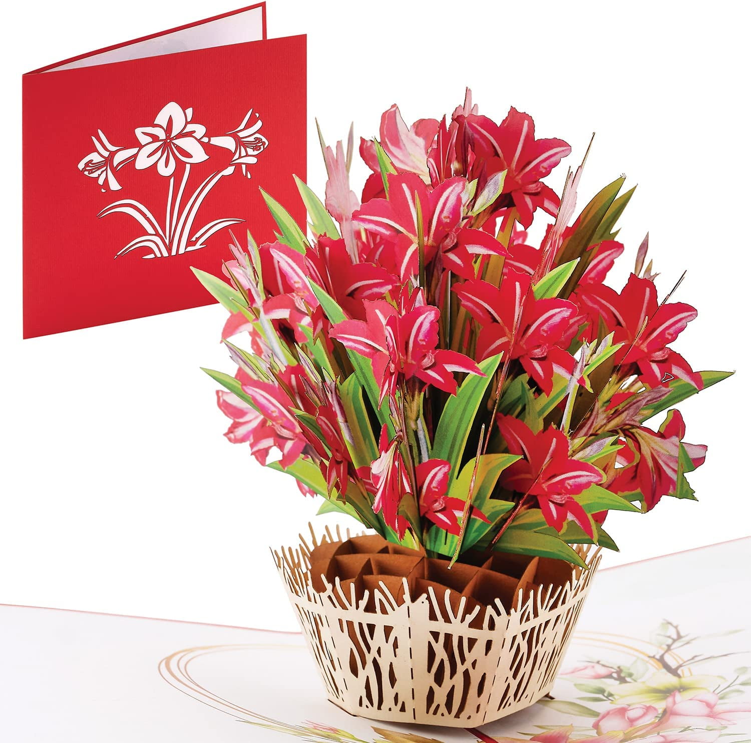 IOYOUNOW Red Amaryllis Flower Bouquet 6x6 Pop Up Flower Bouquet Card